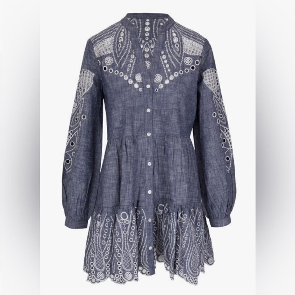 VERONICA BEARD Ariana Mini Dress blue chambray eyele tiered Embroidered Sz 2 NWT